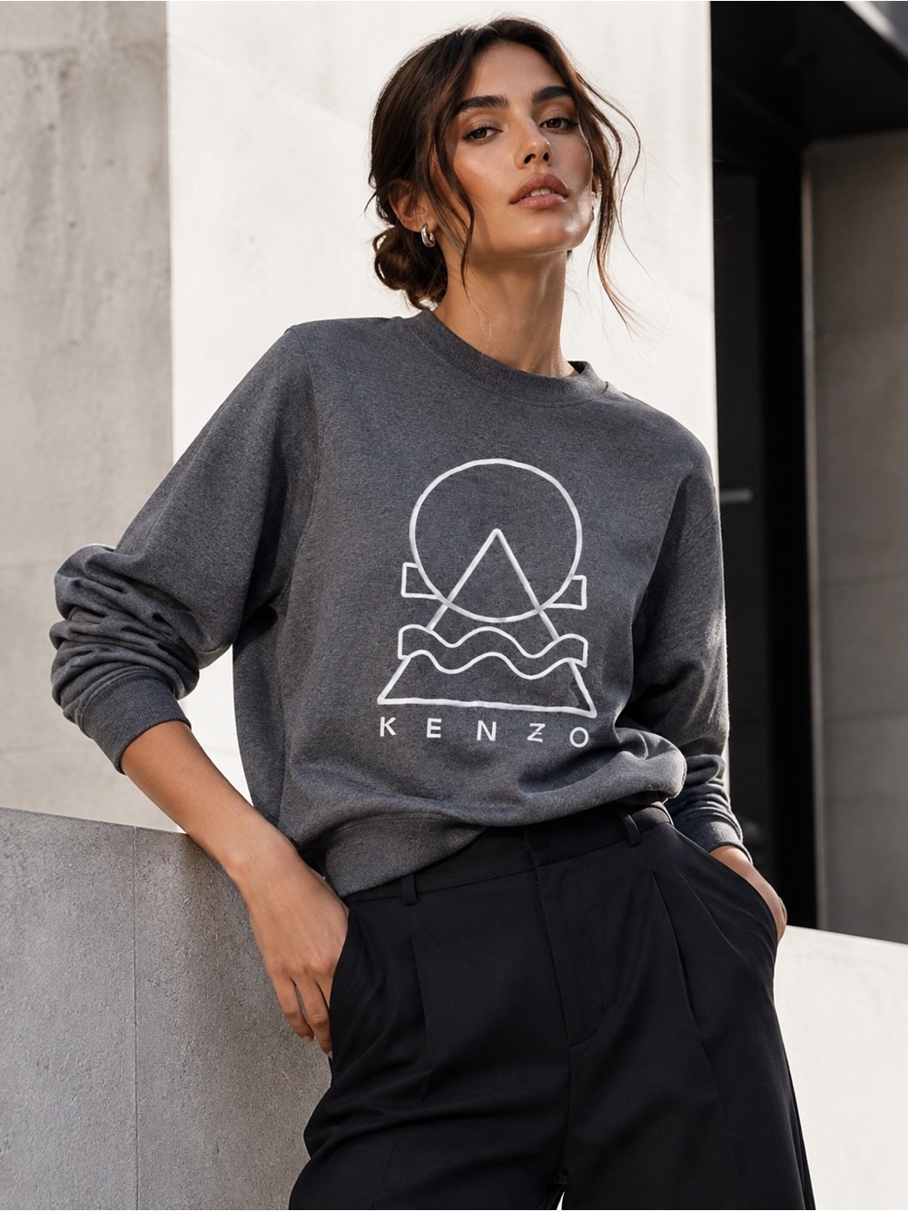 Kenzo Grey Logo Crewneck Sweatshirt 100% Cotton Made in Portugal size M